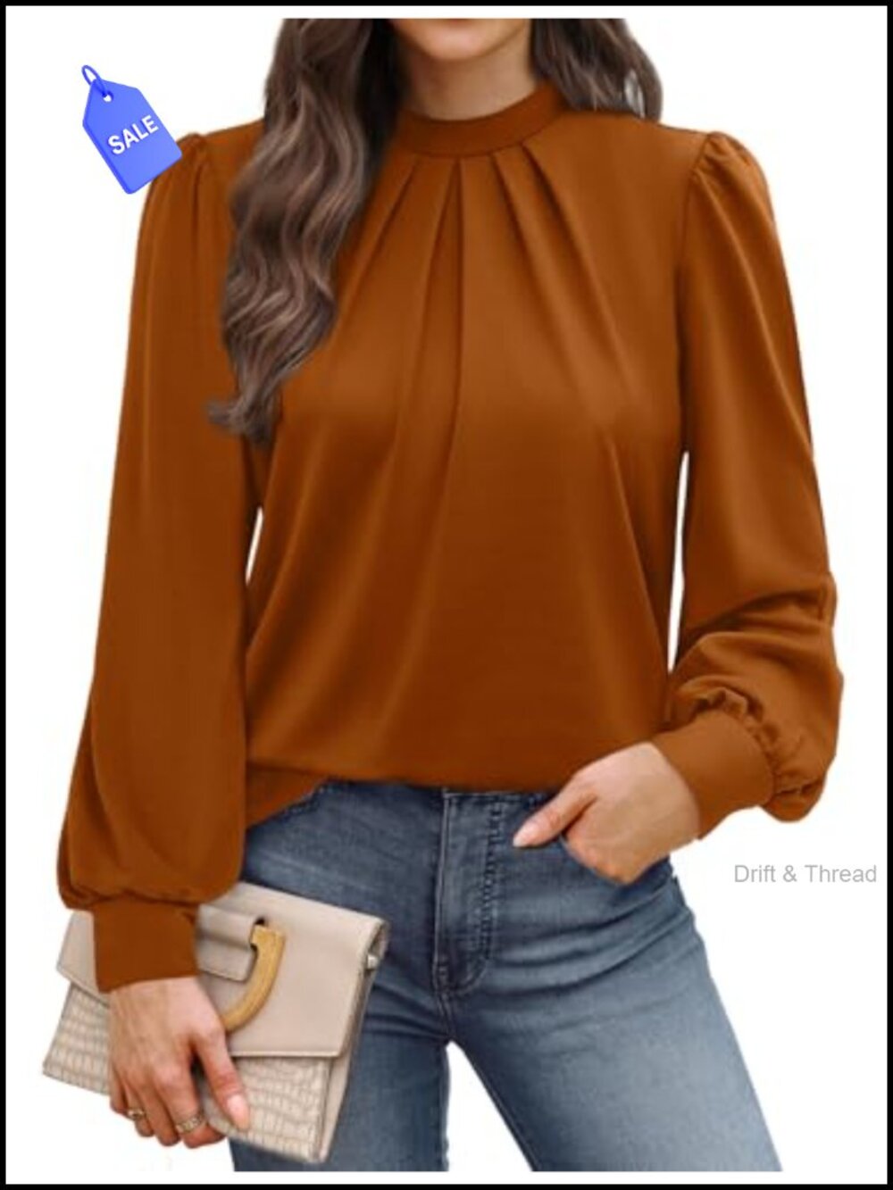 Women's Long Sleeve Mock Neck Pleated Blouse Dressy Casual Top